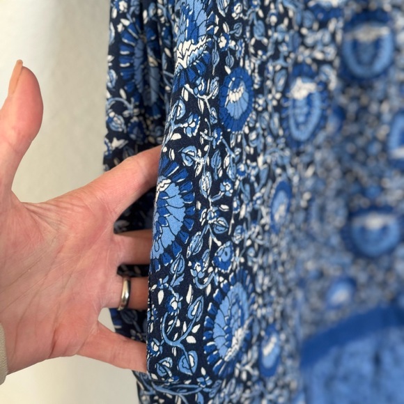 Old Navy Puff Sleeve Peacock Swing Mini Dress Blue Printed Cotton Cottagecore S - Picture 4 of 10